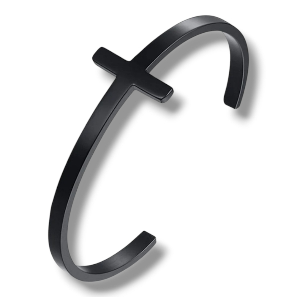Black Cross Stainless Steel Stackable Cuff Bracelet - Semi Adjustable